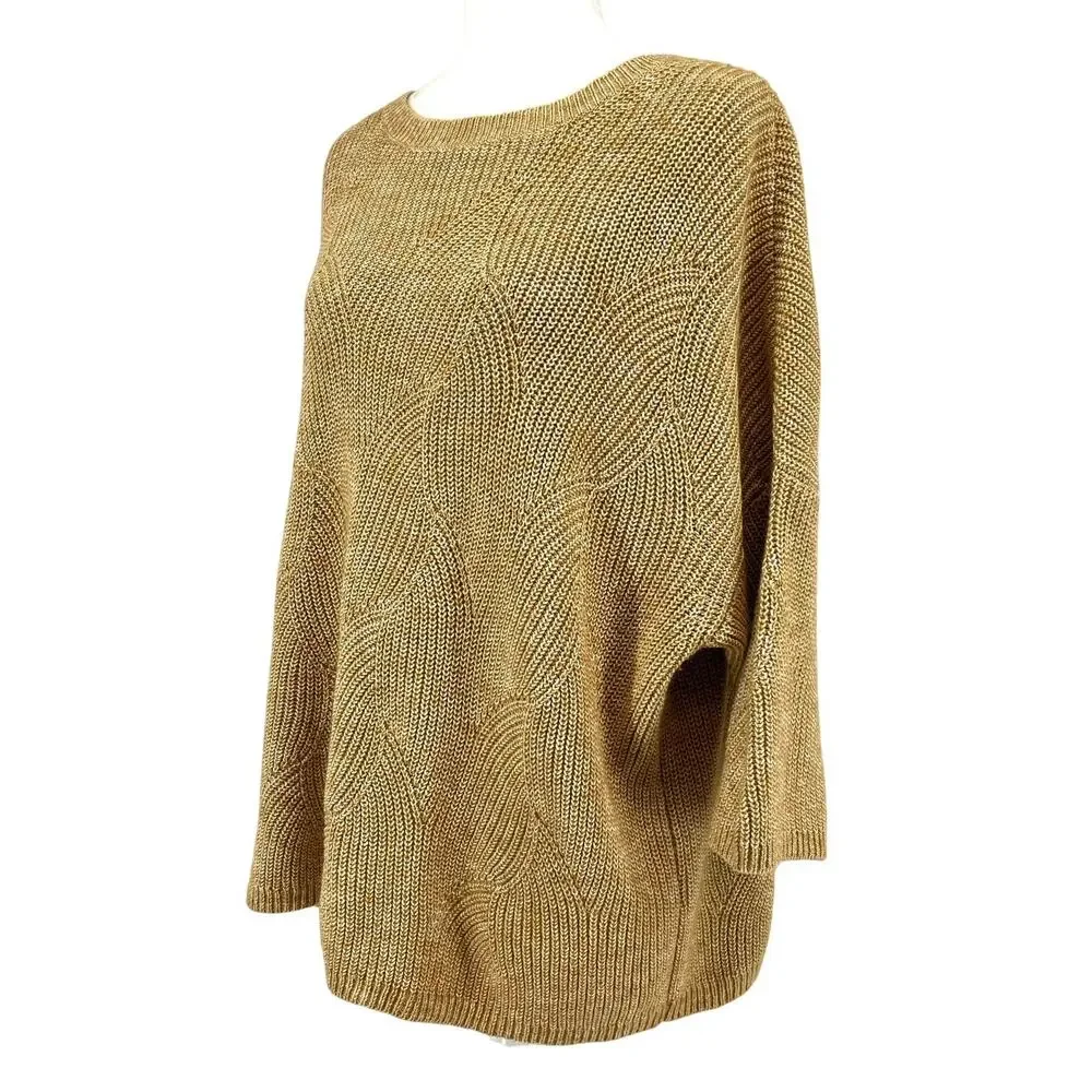 J. Jill Women’s XLP Camel Cotton Blend Crew Neck Swirl Knit Short Sleeve Sweater